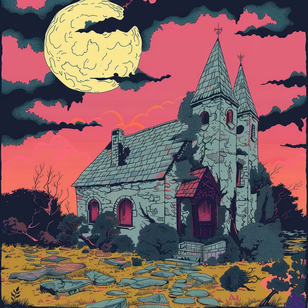 Vector illustrated of a witch house art outdoors painting.