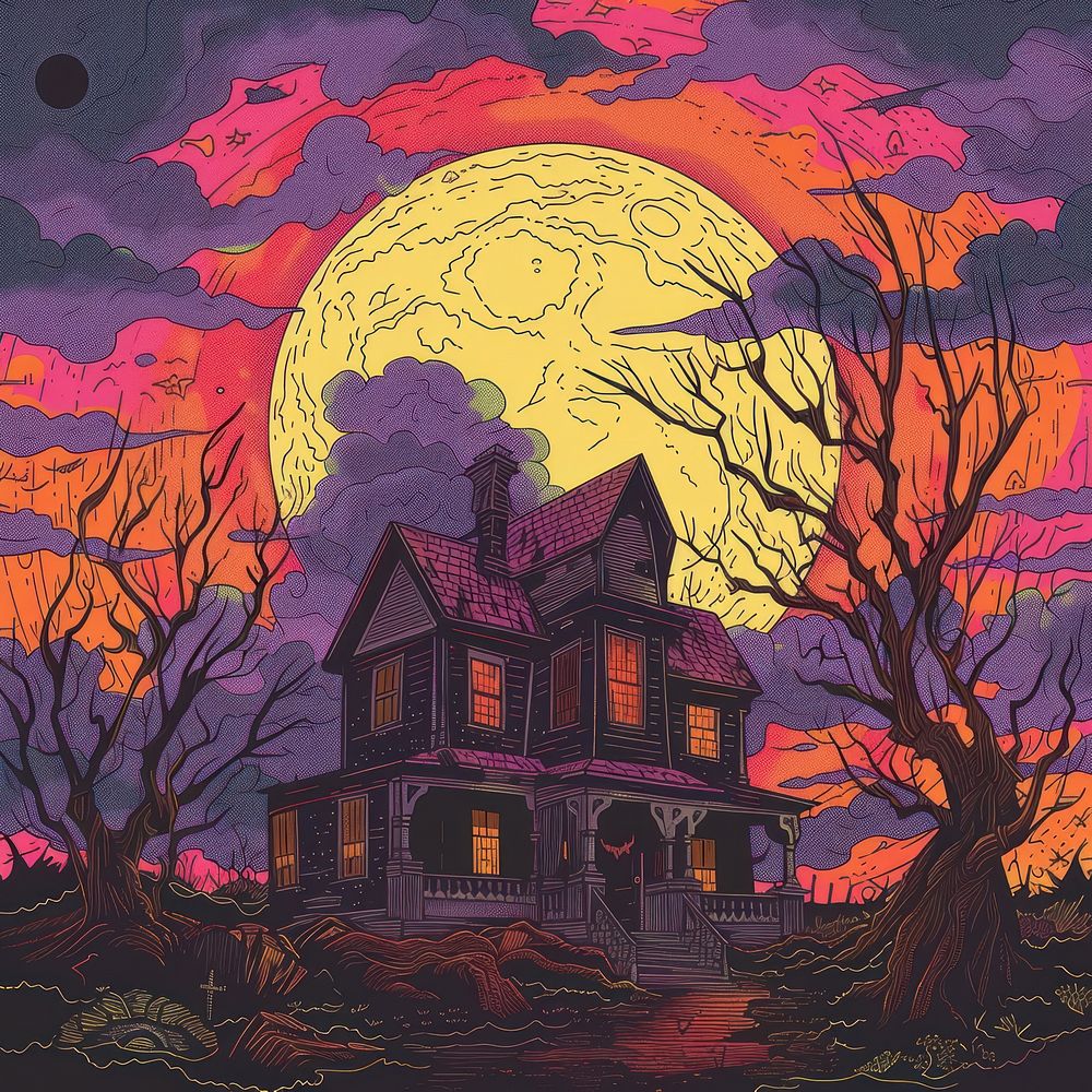 Vector illustrated of a witch house outdoors painting art.