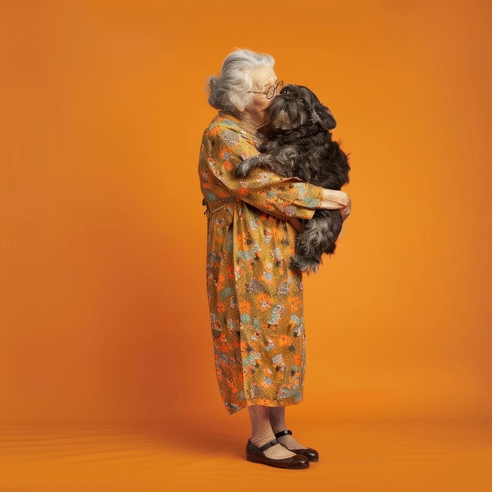 Old woman hugging pet animal mammal adult.