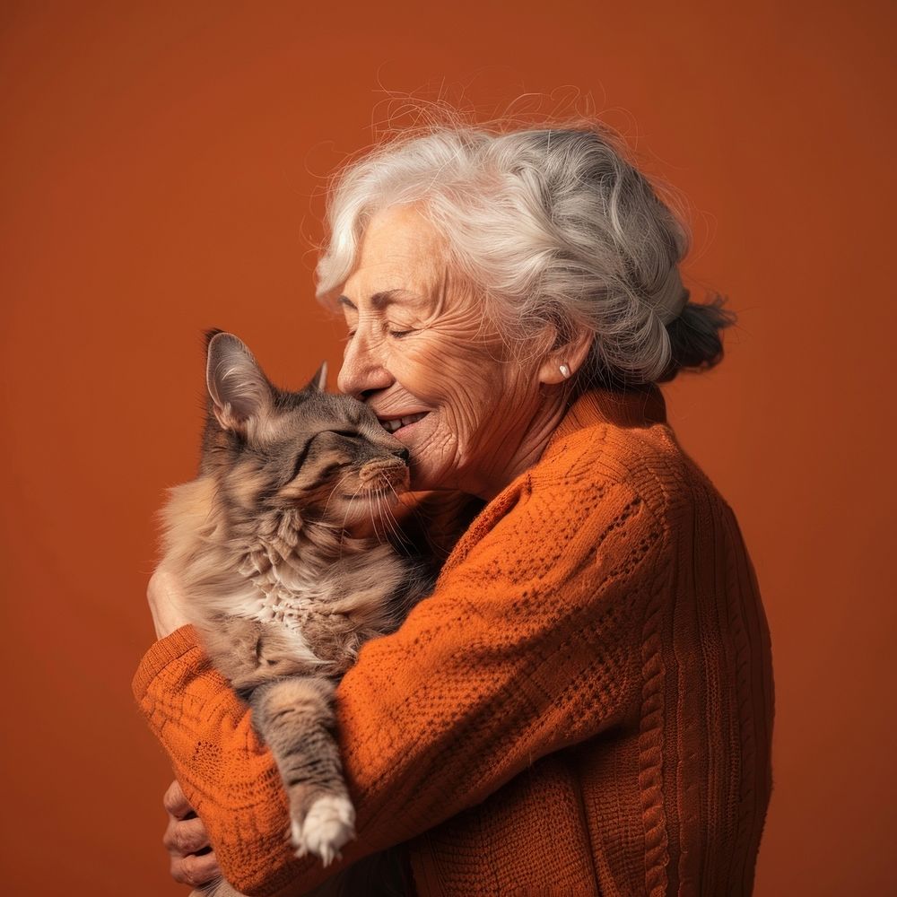Old woman hugging pet portrait mammal animal.