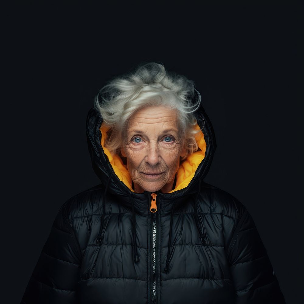 Old woman wearing an black oversized puffer jacket hood portrait adult.