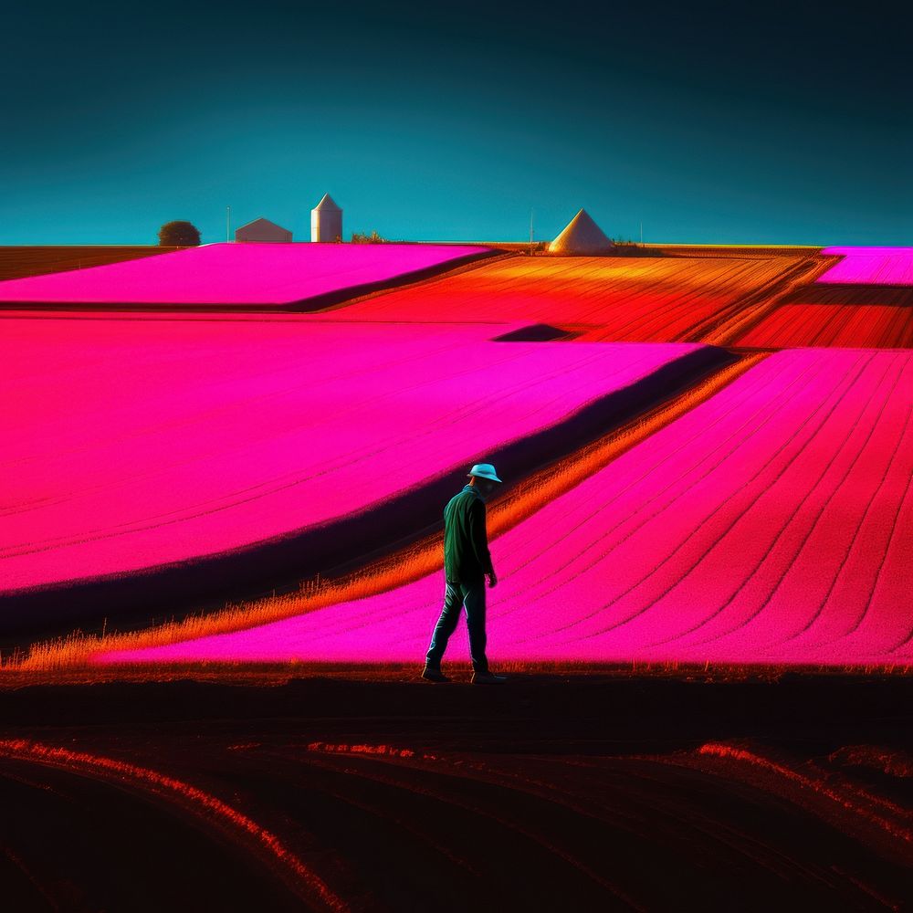 Photo of a man farming field agriculture landscape.