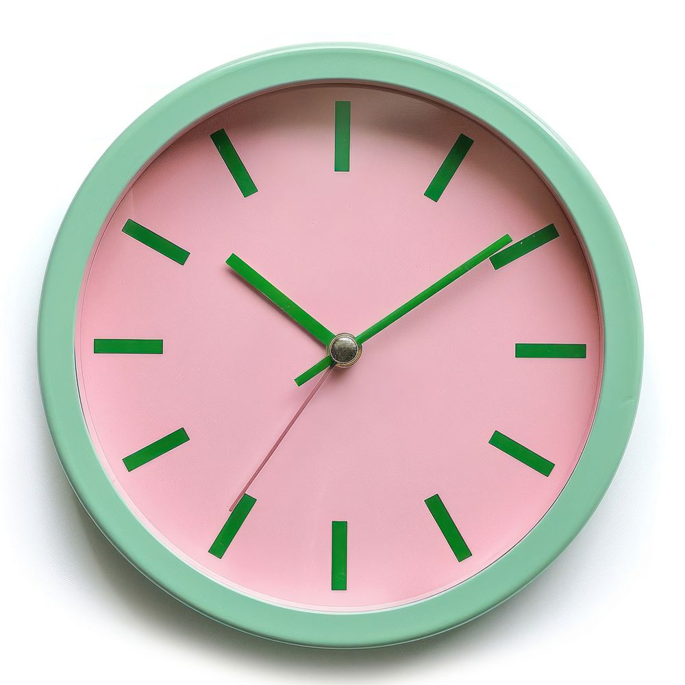 Pink and green clock white background deadline accuracy.