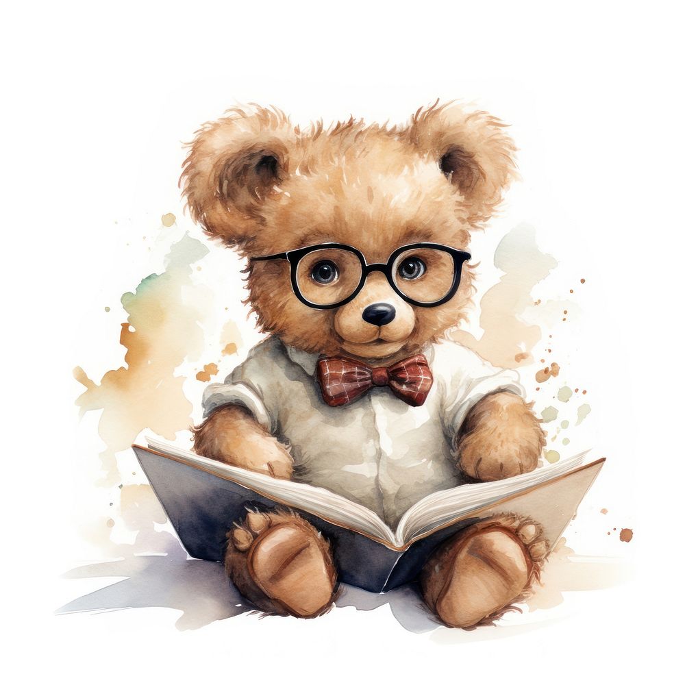 Teddy bear with big book glasses reading mammal.