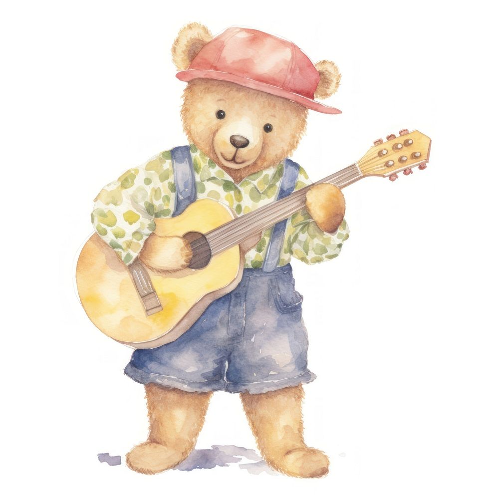 Teddy bear guitar holding toy.