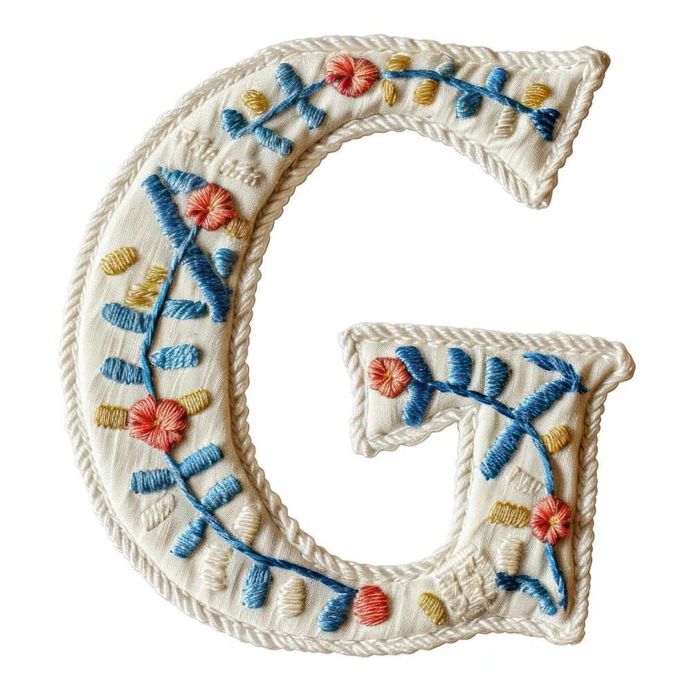 Alphabet G embroidery pattern white background.