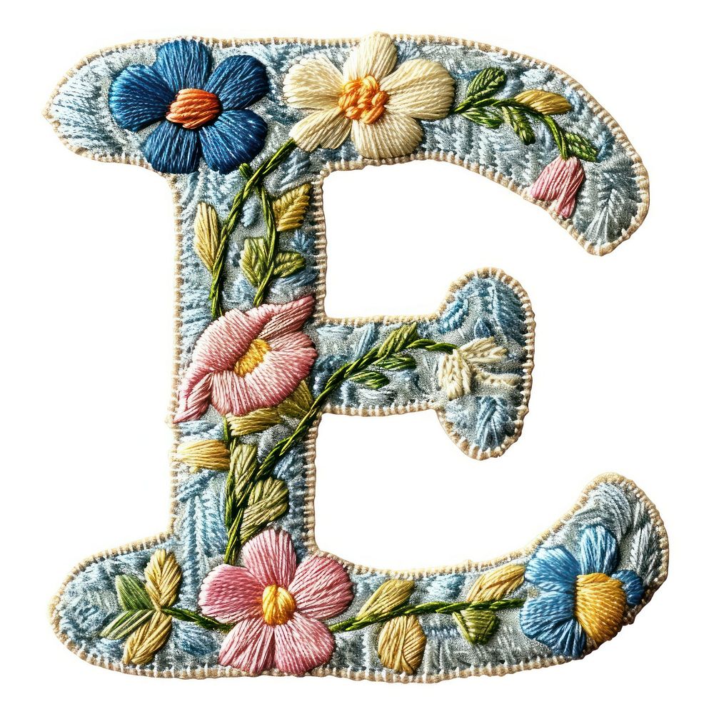 Alphabet e embroidery pattern white background.