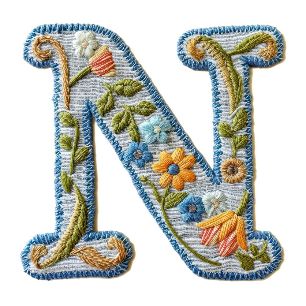Alphabet N embroidery pattern white background.