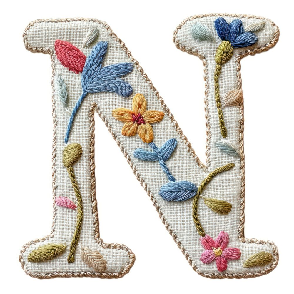 Alphabet N embroidery pattern white.