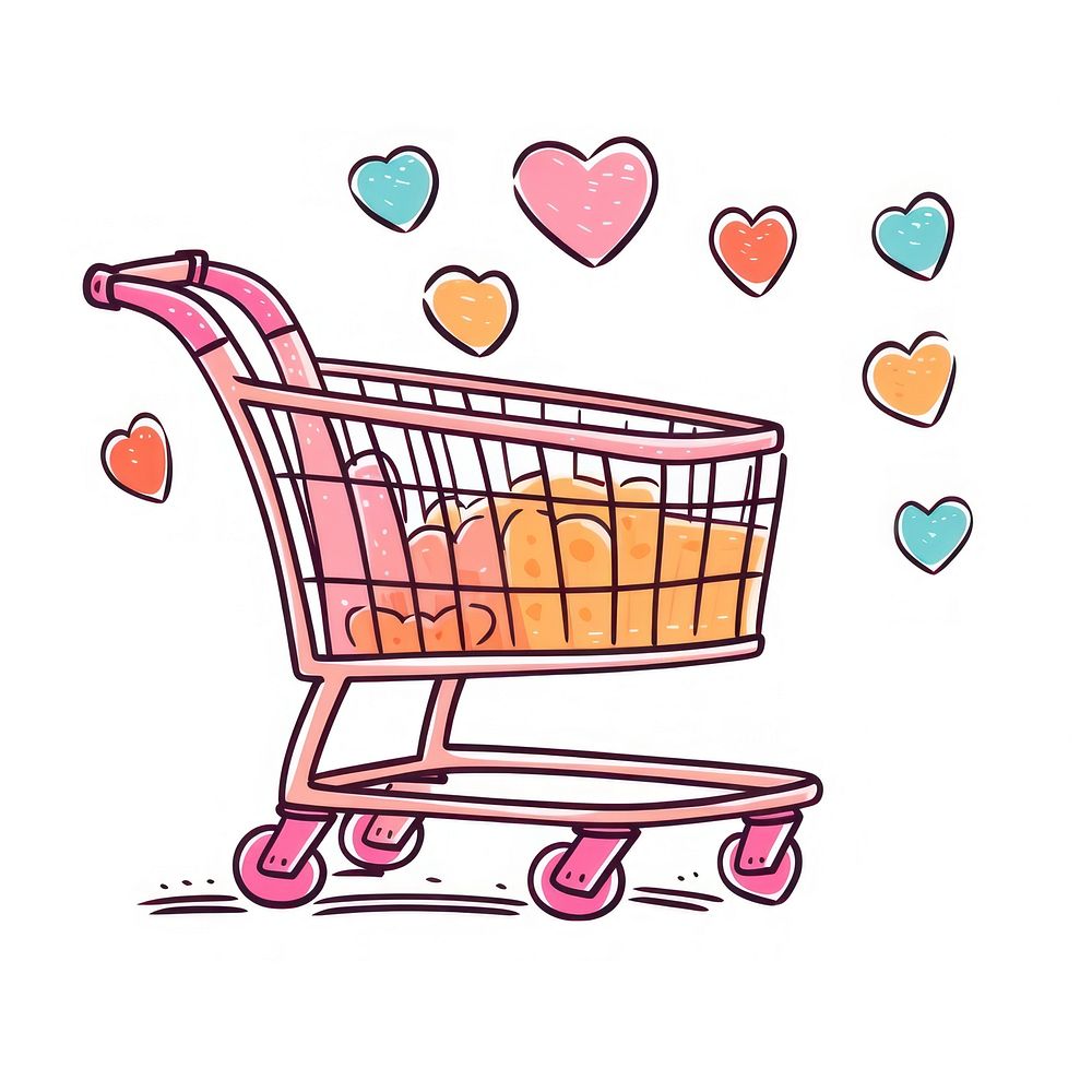 Doodle illustration shopping cart cartoon consumerism supermarket.