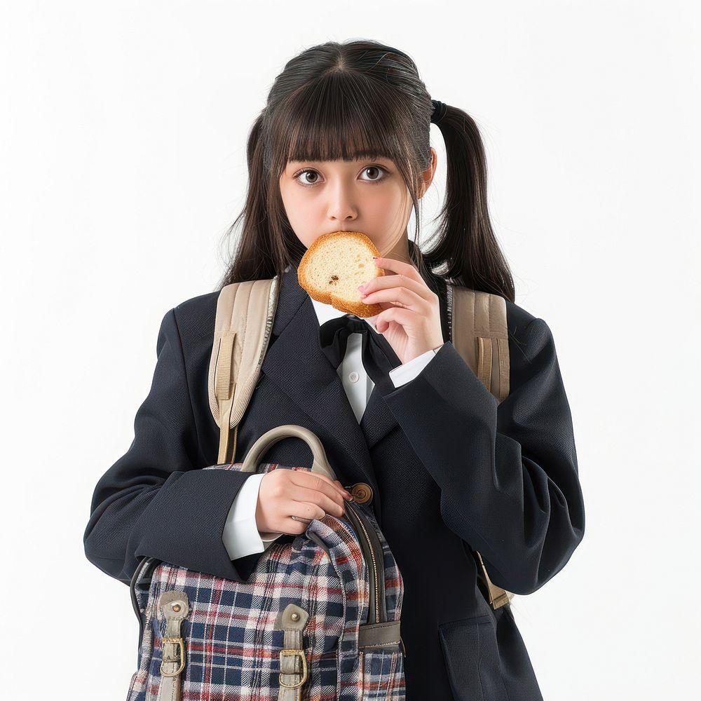 Japanese female student holding photo bag.