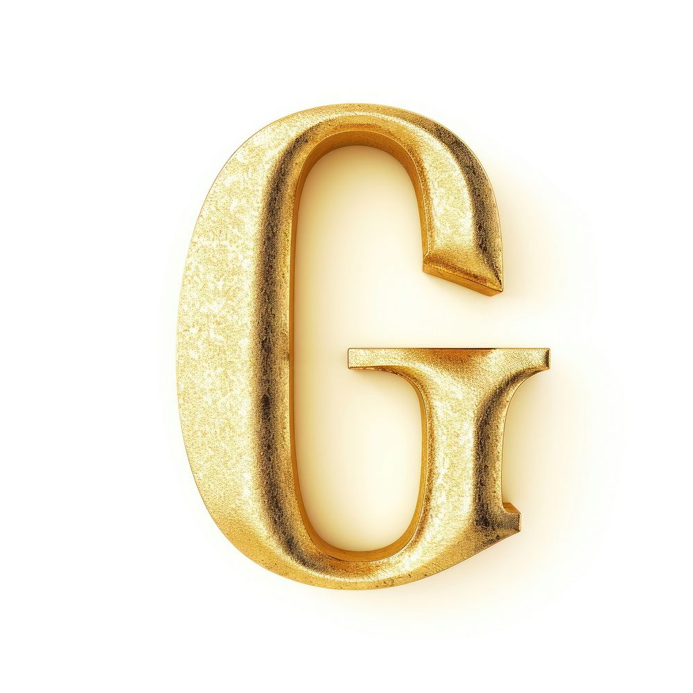 Golden alphabet G letter text white background accessories.