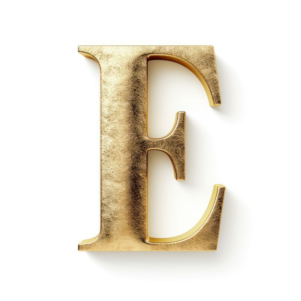 Golden alphabet E letter text white background number.
