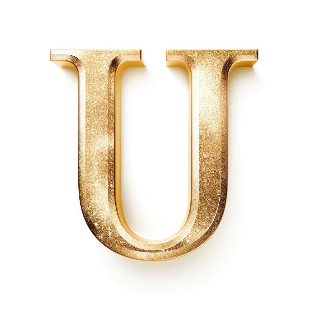 Golden alphabet U letter text white background number.