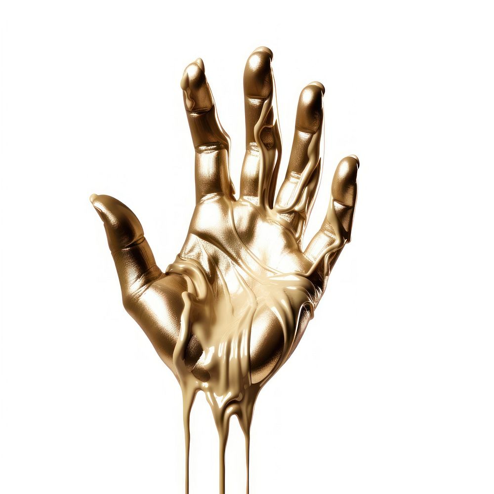 Dripping hand metal gold white background.