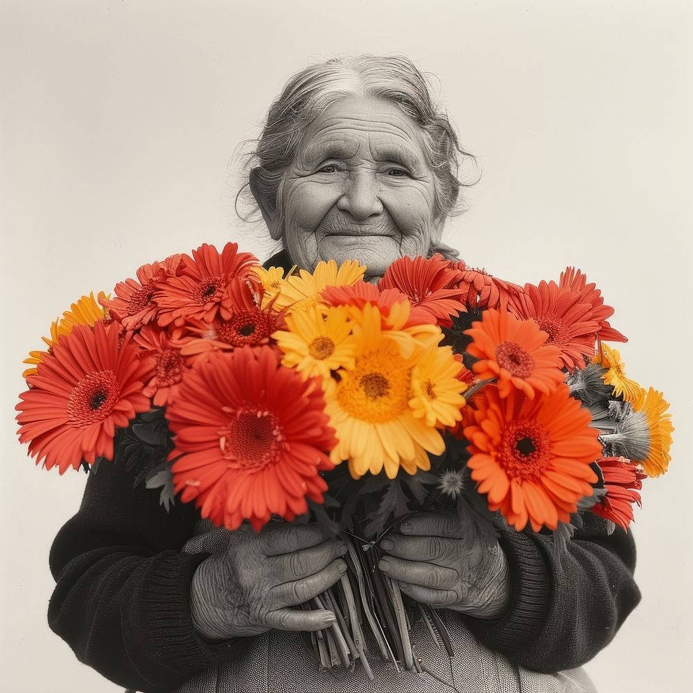 Paper collage of happy elderly flower portrait petal.
