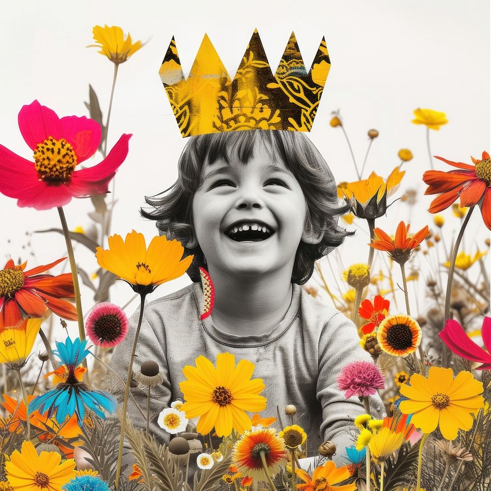 Happy kid with golden crown flower portrait outdoors.