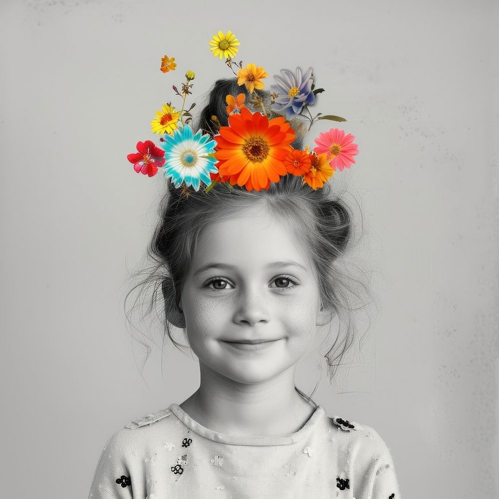 Collage of happy little girl flower portrait plant.