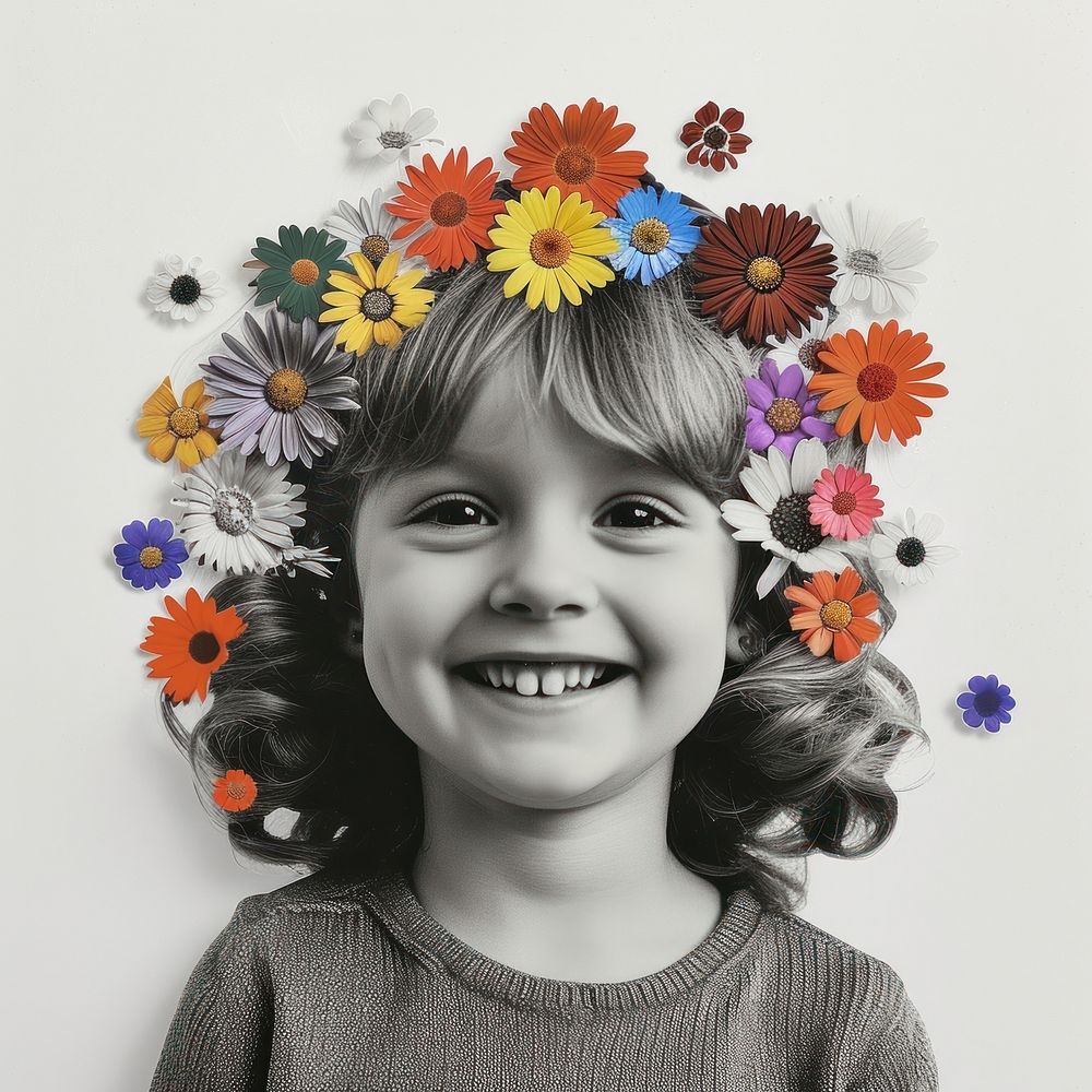 Collage of happy little girl flower portrait child.