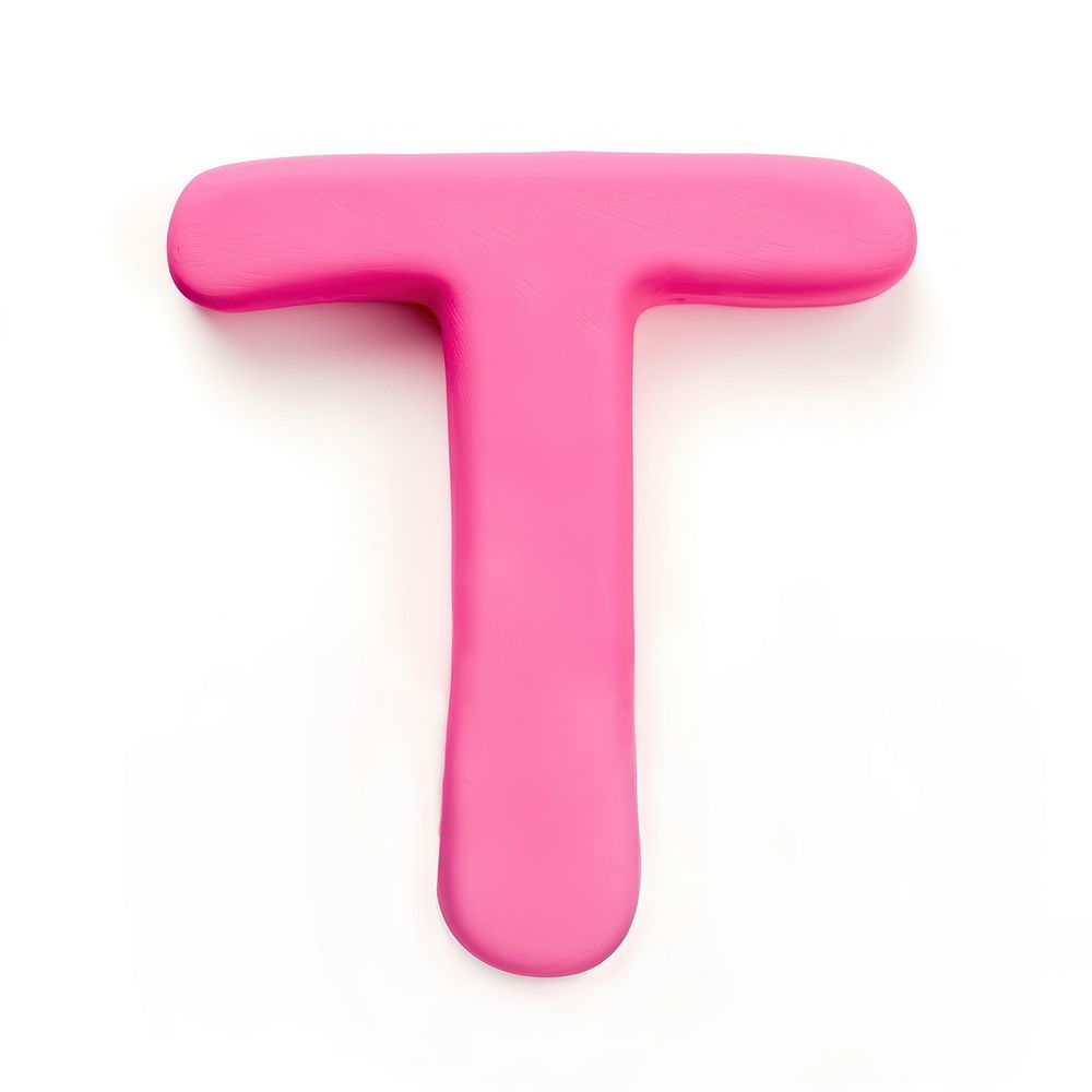 Plasticine letter T text pink white background.