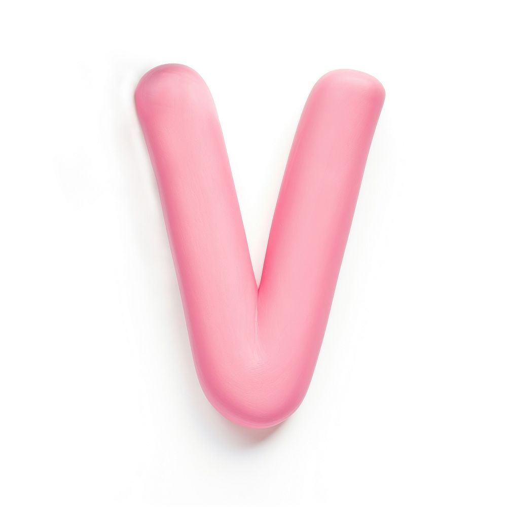 Plasticine letter V text pink white background.
