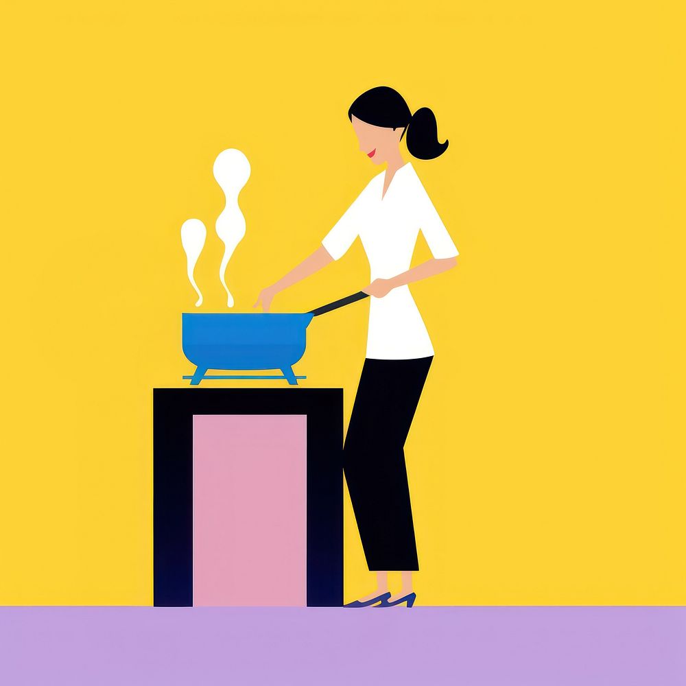 Woman cooking with stove cartoon technology standing.