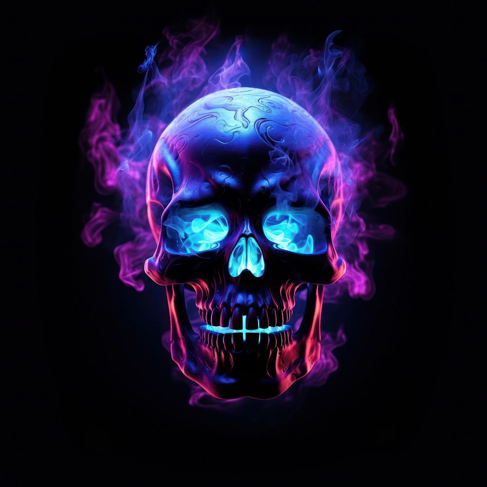 Creepy skull of smoke purple black background illuminated.