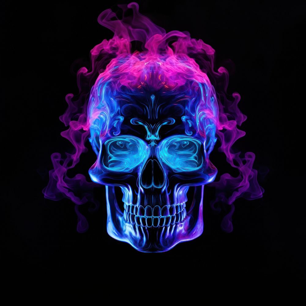 Creepy skull of smoke purple fire black background.