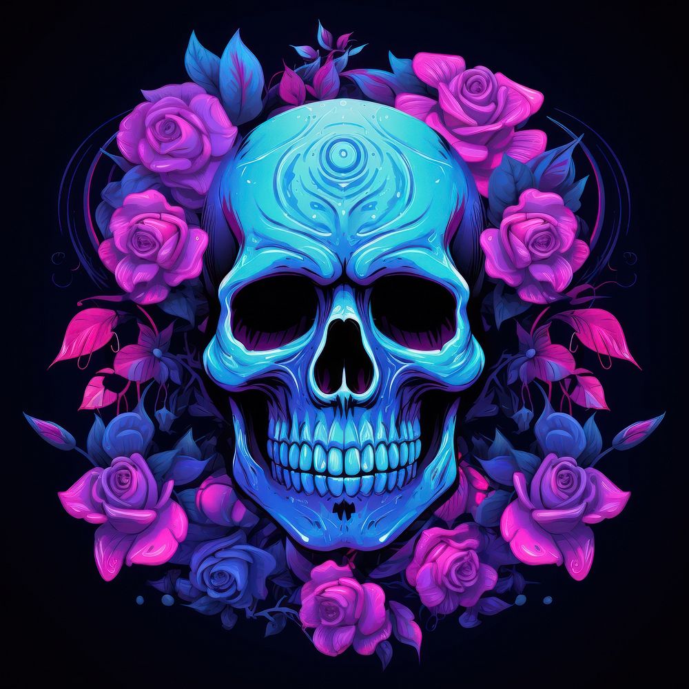 Elegant skull with pink roses pattern flower purple.