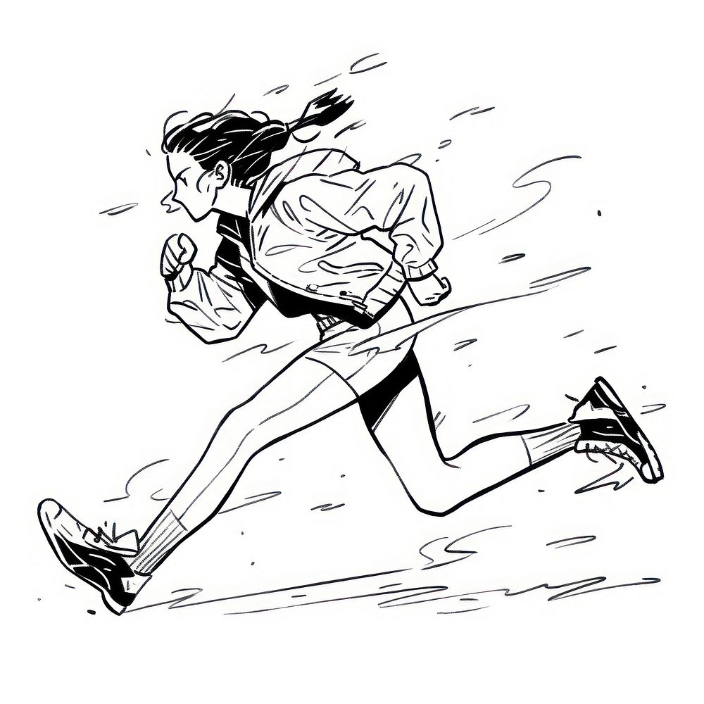 Outline sketching illustration of a woman running drawing cartoon determination.