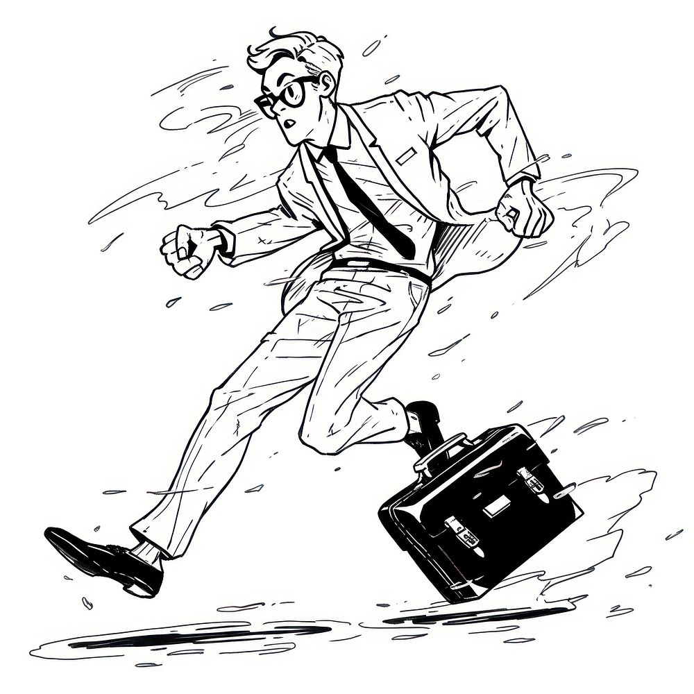 Outline sketching illustration of a business man with suitcase briefcase footwear cartoon.