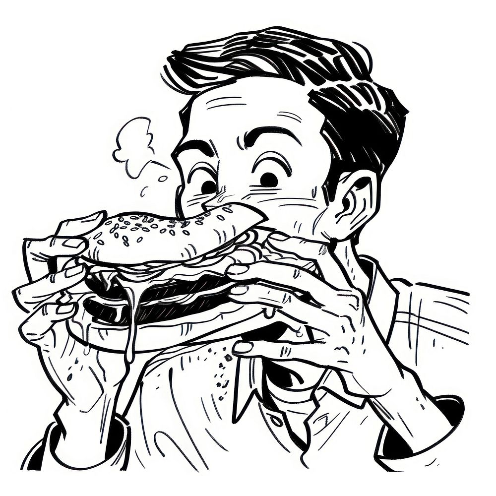 Outline sketching illustration of a man eating burger cartoon drawing adult.