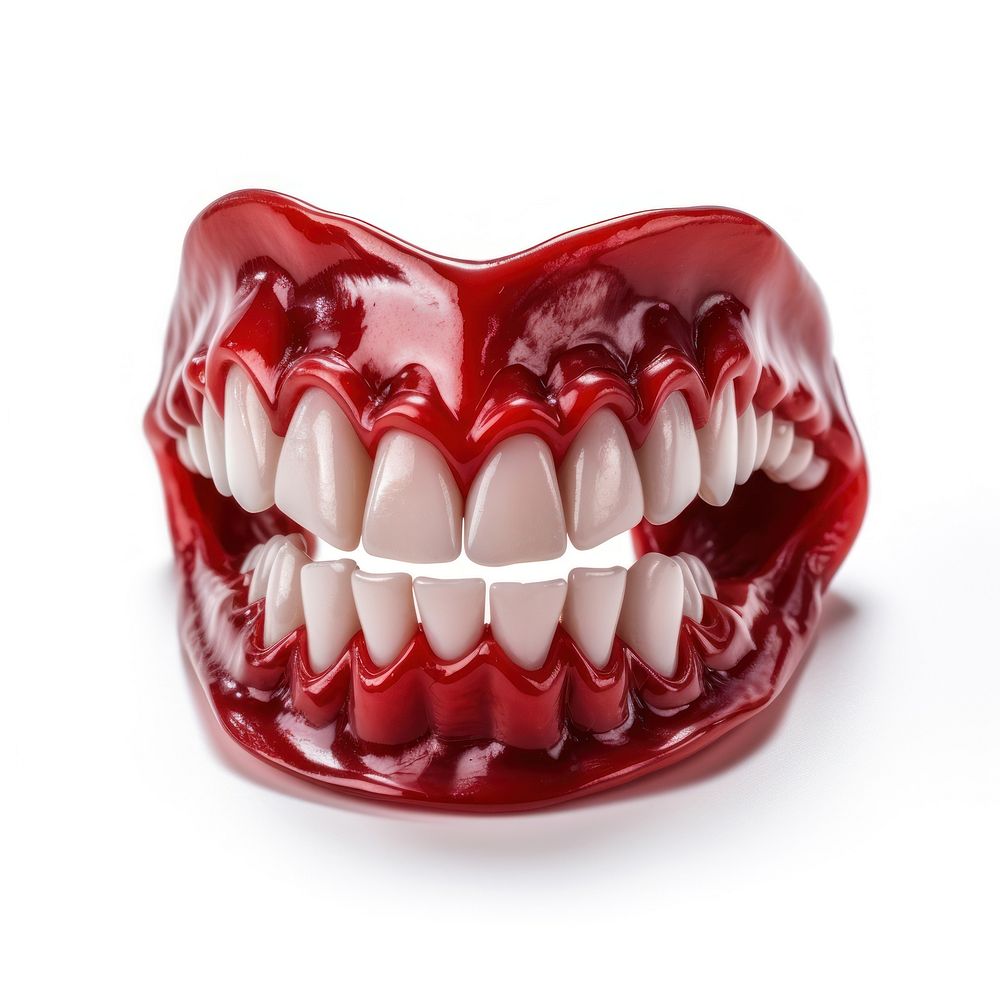 Plastic fangs teeth white background dentistry.