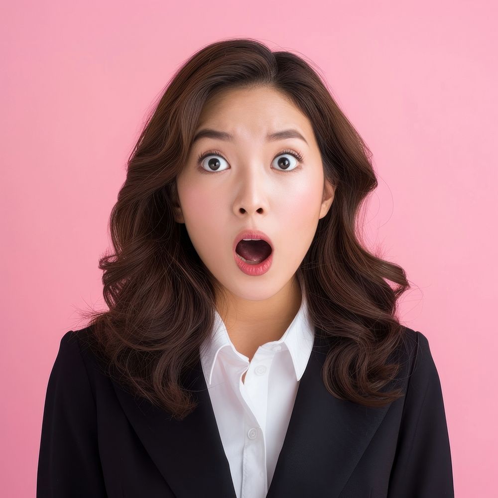 Asian business woman surprised face portrait adult overworked.