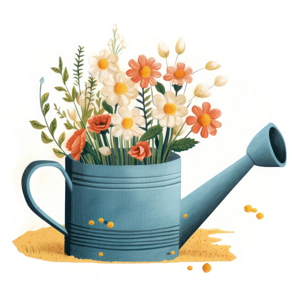 Watering can with flowers gardening plant inflorescence.