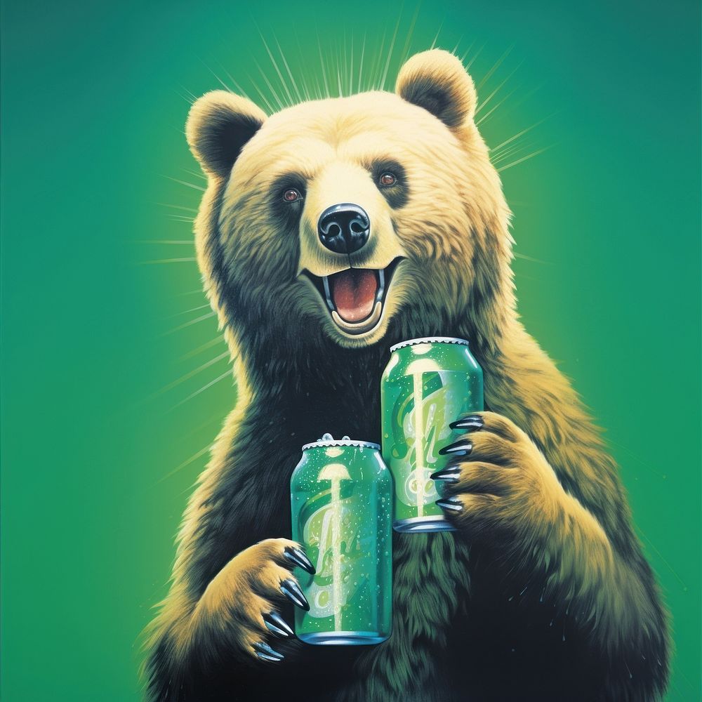 Airbrush art of a bear with beer mammal refreshment drinking.