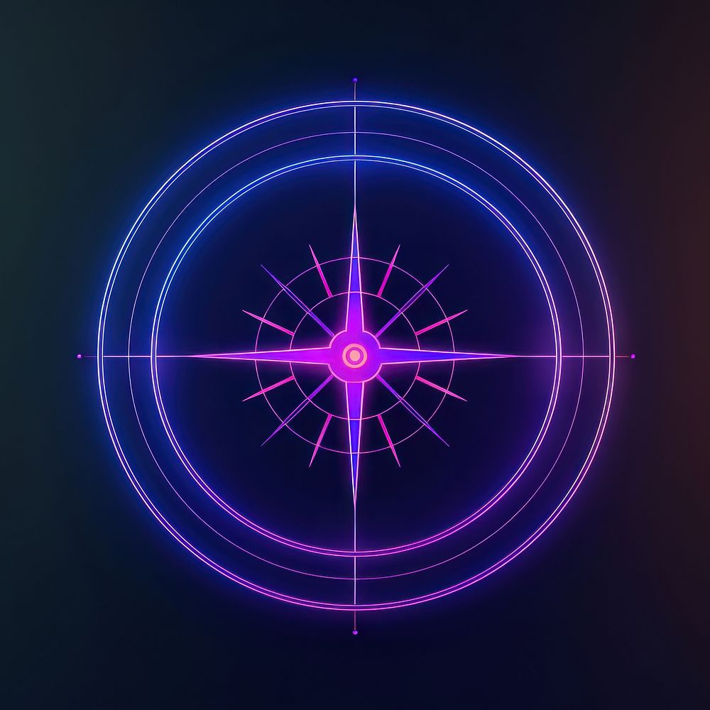 Neon compass wireframe night light illuminated.