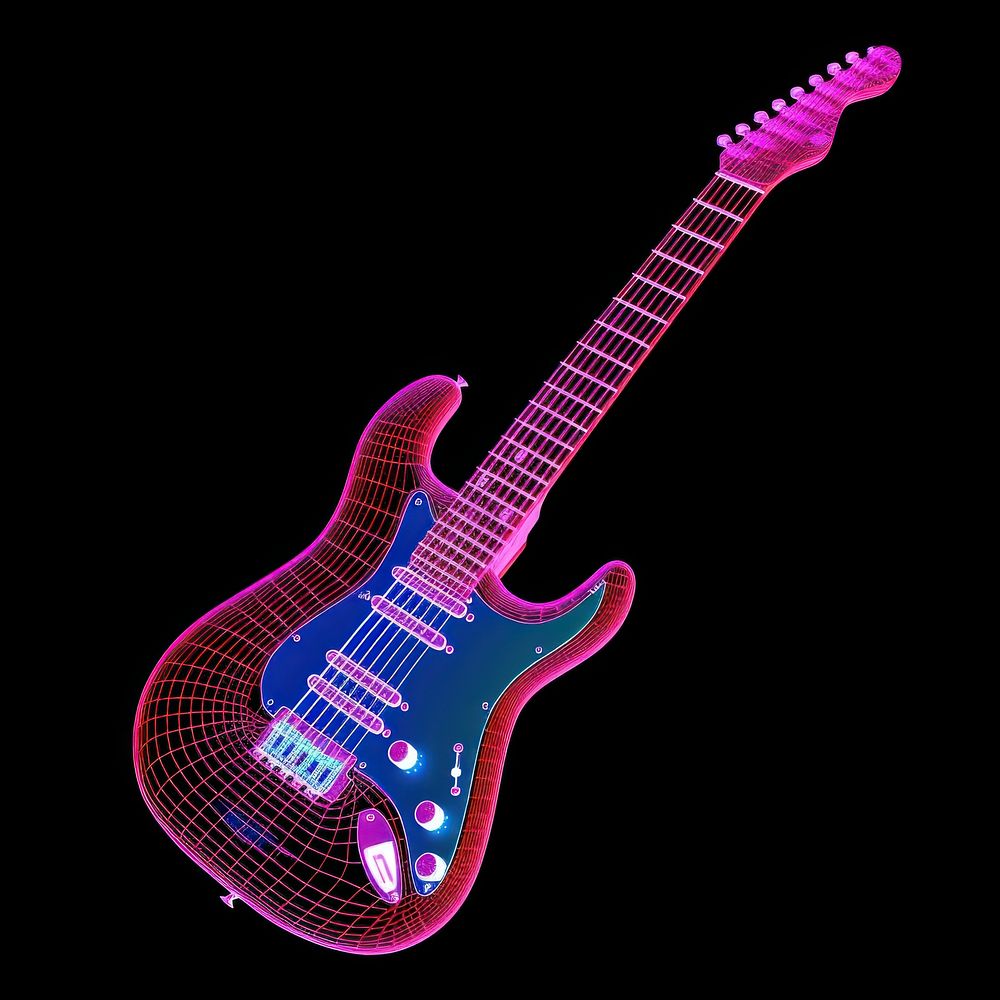 Neon guitar hat wireframe illuminated performance fretboard.