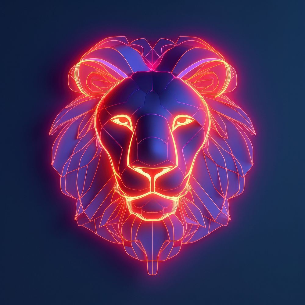 Neon lion wireframe neon light representation.