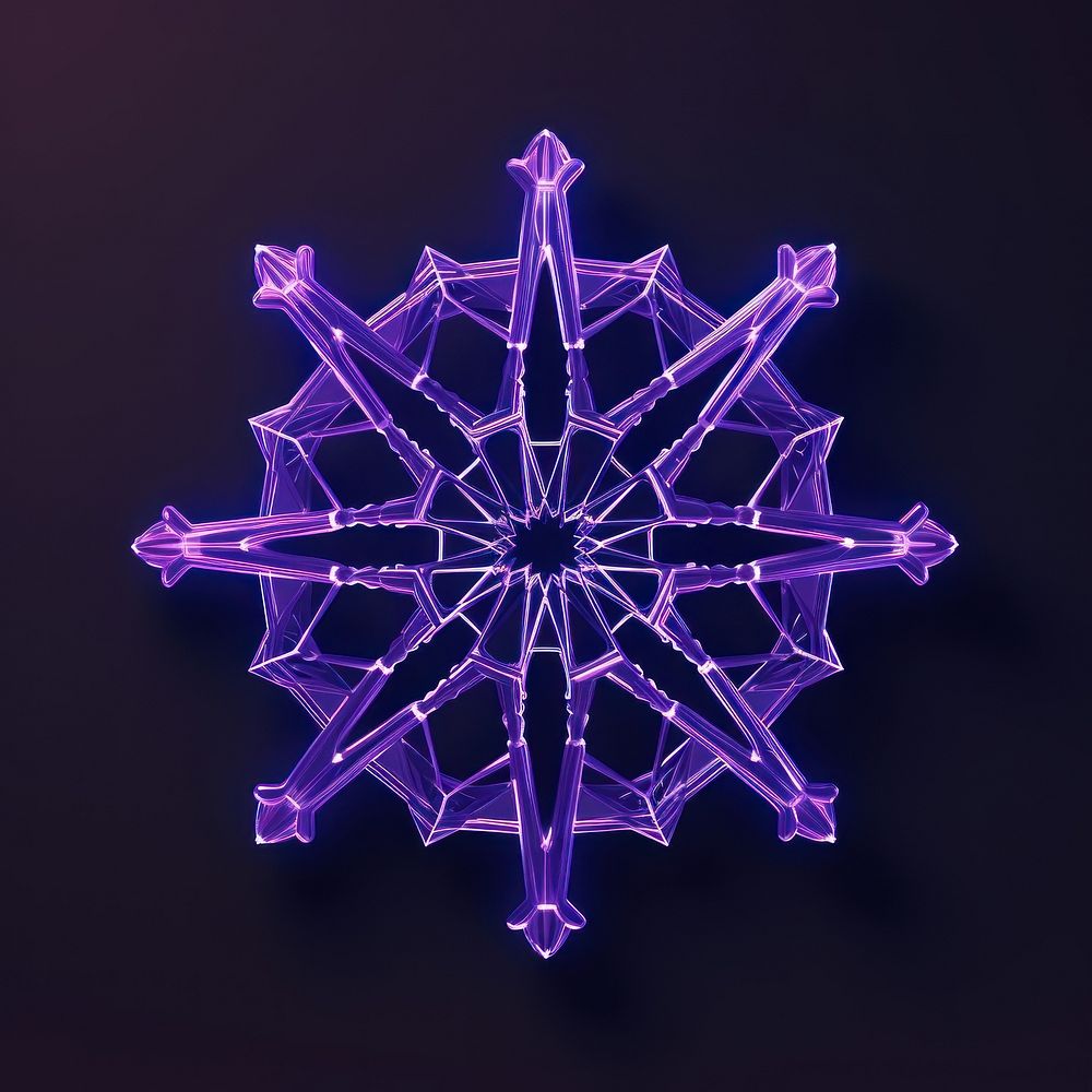 Neon snowflake wireframe purple kaleidoscope illuminated.