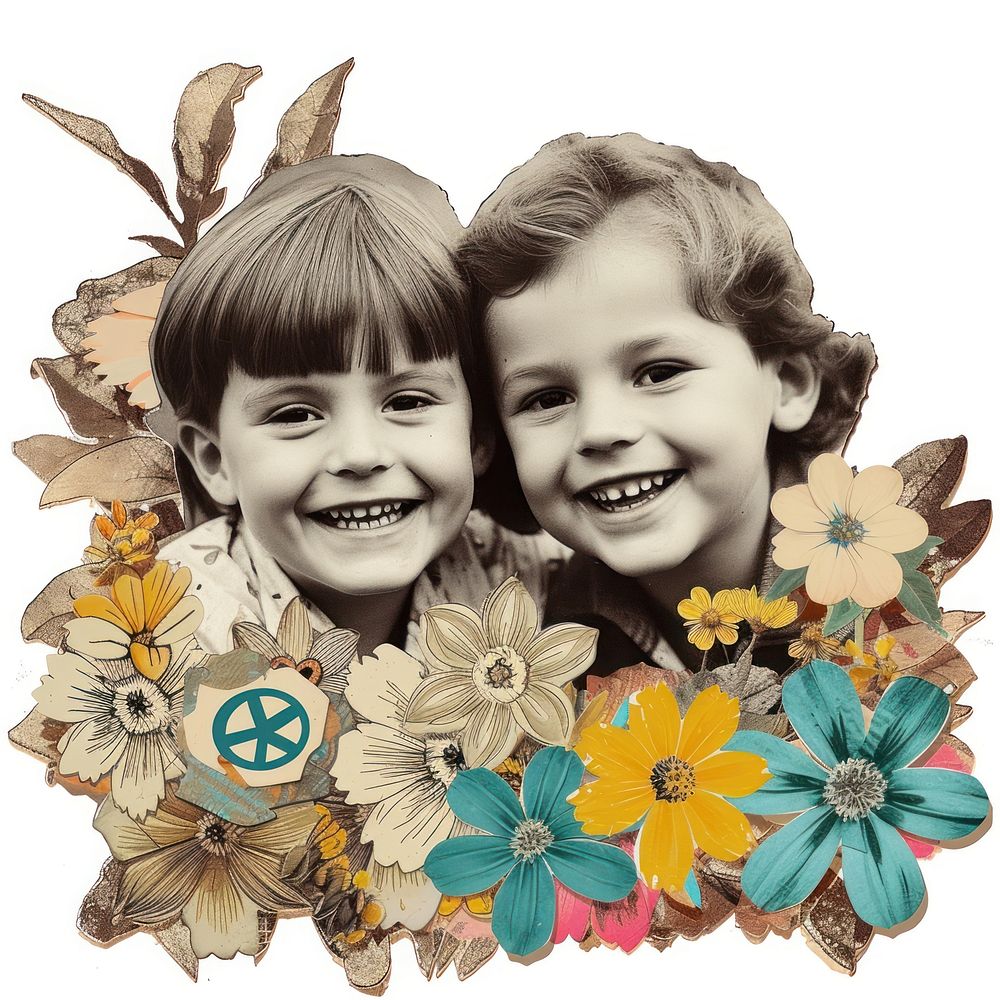 Paper collage of two kids smiling flower art portrait.