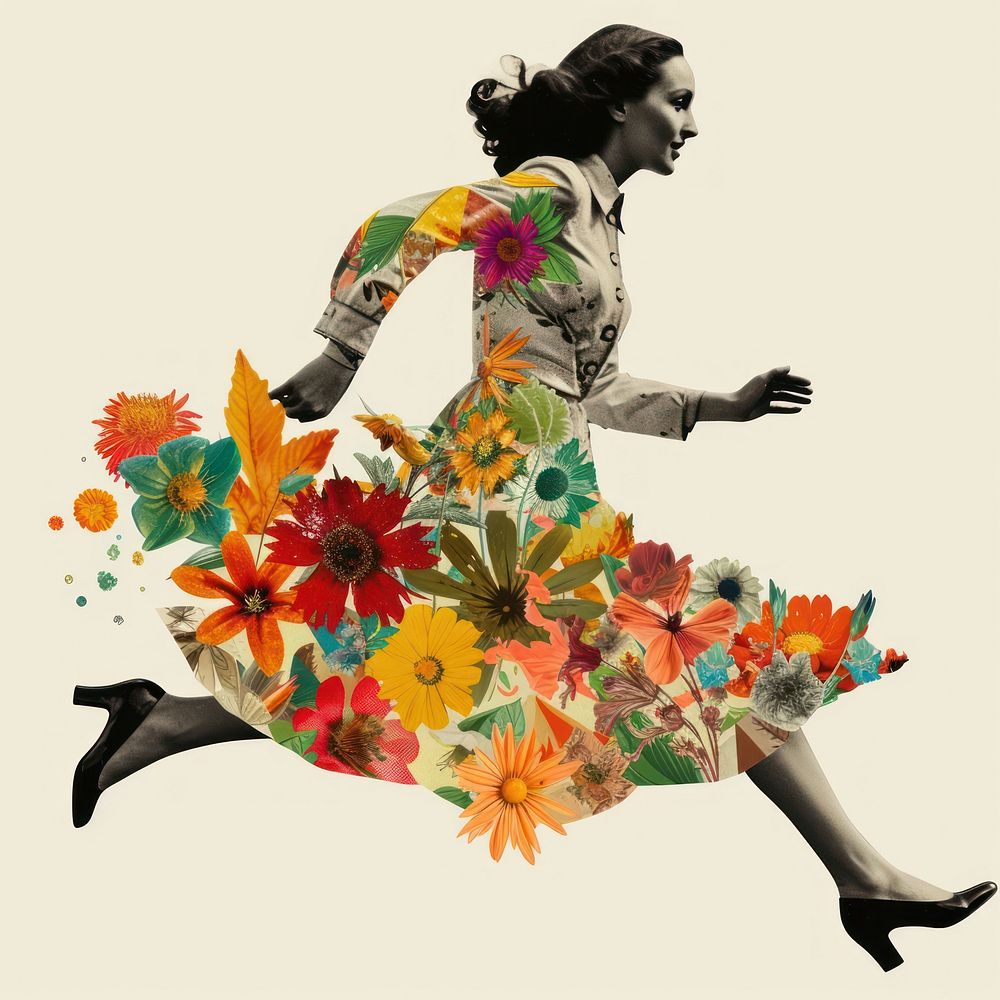 Paper collage of a woman flower art footwear.