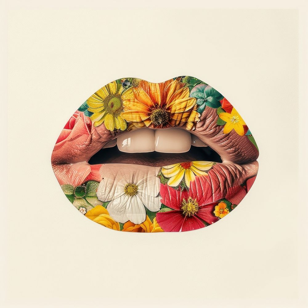 Lips with colorful vintage flowers art photo photography.