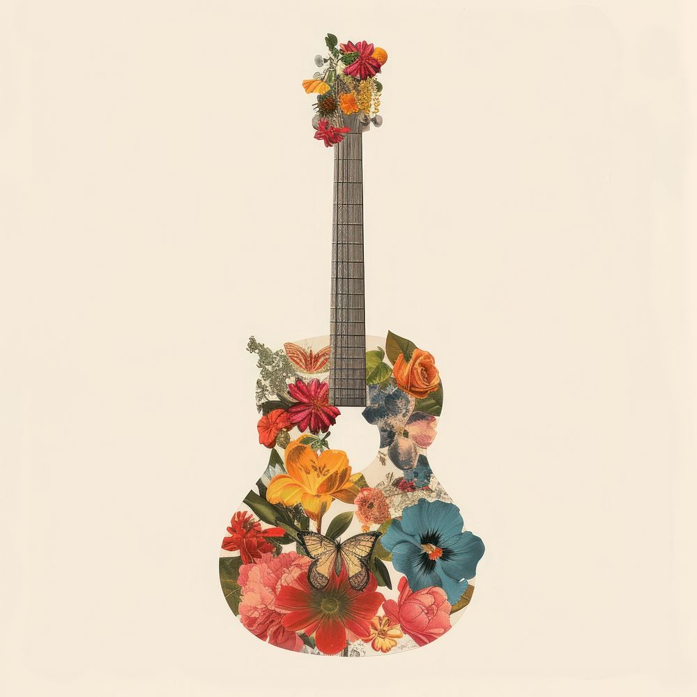 Paper collage of guitar flower art plant.