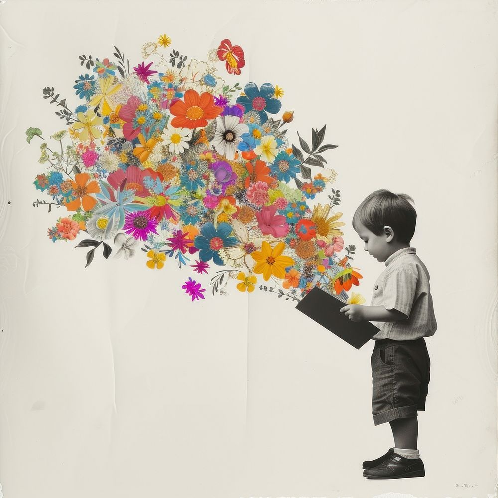 Paper collage of the boy flower art painting.