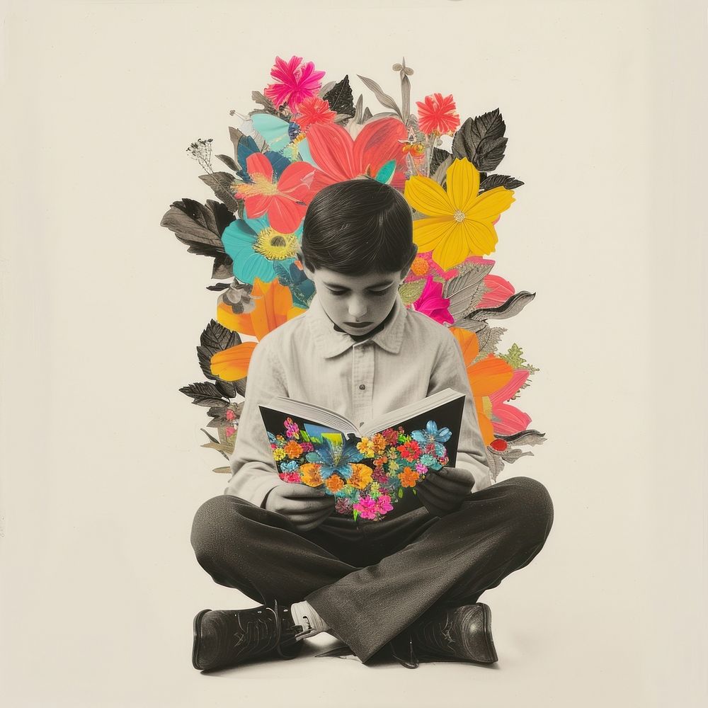 Paper collage of the boy reading art portrait.