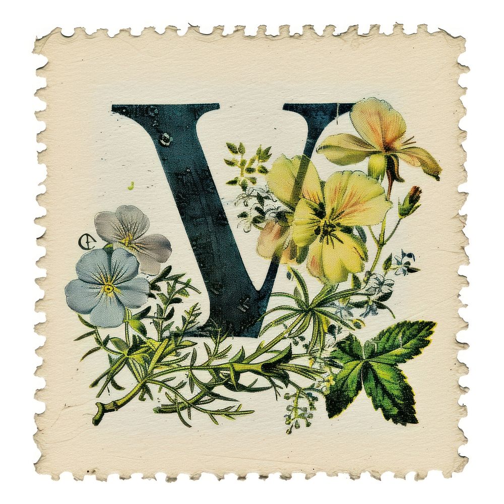 Vintage alphabet V postage stamp.