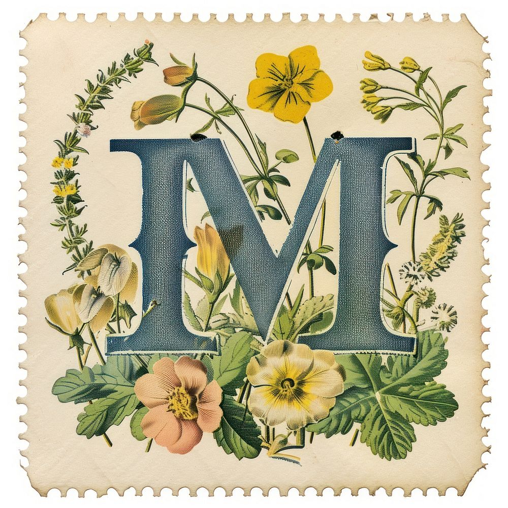 Vintage alphabet M postage stamp.