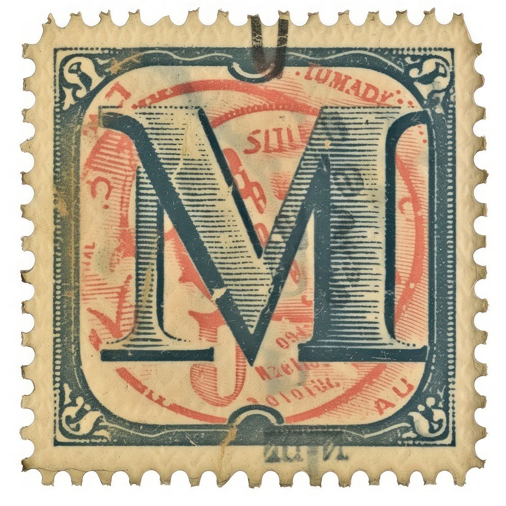 Vintage alphabet M postage stamp.