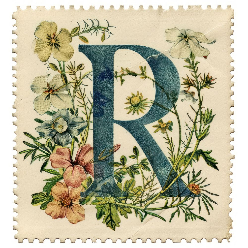 Vintage alphabet R postage stamp.
